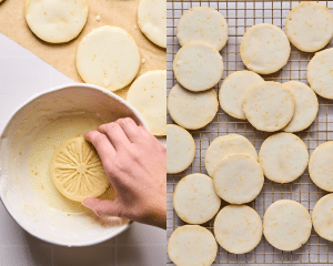 Side-by-side image of dunking lemonade cookie in icing then setting on wire rack to set for at least 30 minutes.