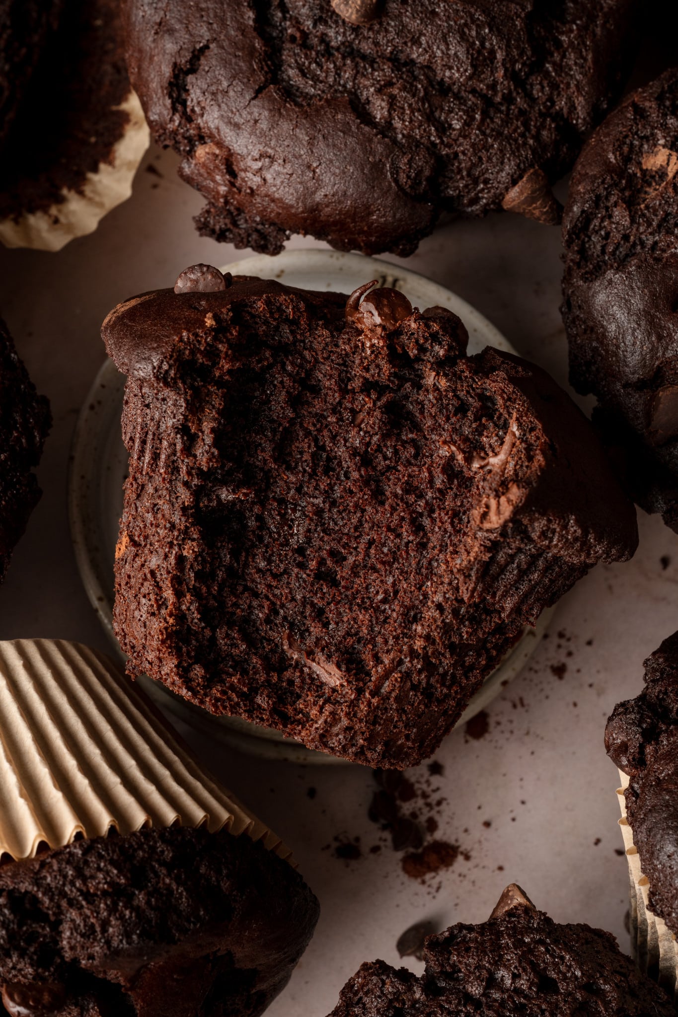 Large, bakery-style chocolate muffin on plate with bite taken out of the middle and the rest of the muffins surrounding it.