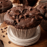 Featured image Aerial shot of the top of oversized, jumbo chocolate muffin on wood board with remaining muffins surrounding it.