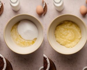 Side-by-side image adding the melted butter and sugar then to a bowl then mixing together before adding the rest of the wet ingredients.