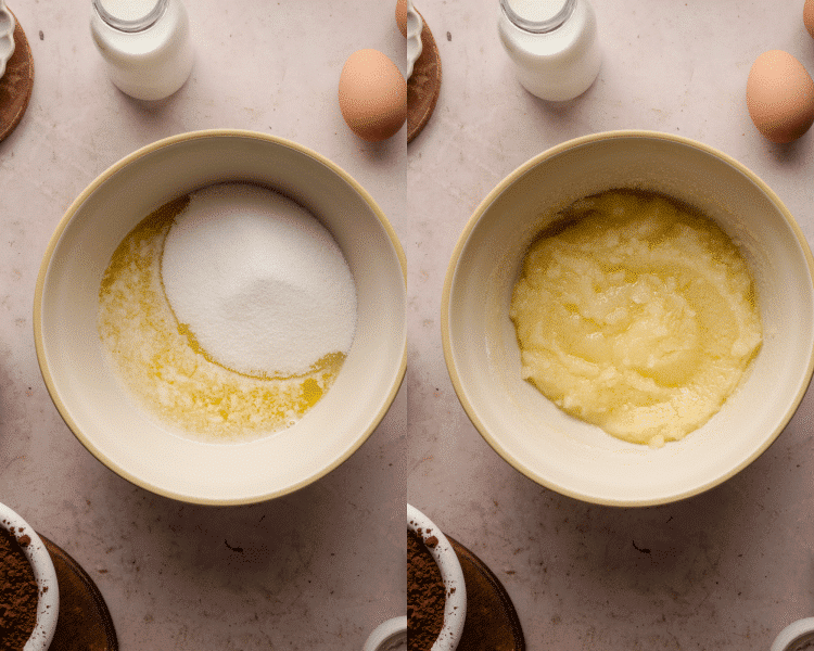 Side-by-side image adding the melted butter and sugar then to a bowl then mixing together before adding the rest of the wet ingredients.