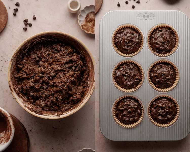 Side-by-side image of batter mixed for chocolate muffins then poured into jumbo muffin tins lined with parchment paper liners.