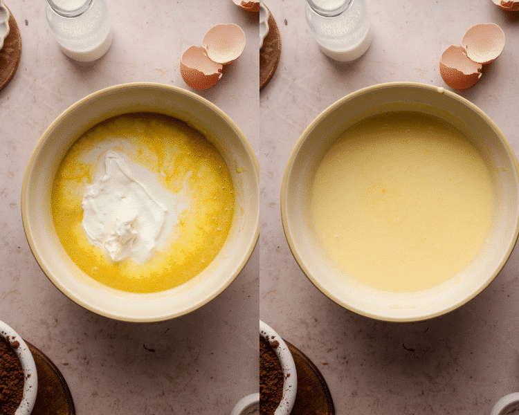 Side-by-side image showing mixing the sour cream and eggs to the butter and sugar then combining the rest of wet ingredients and stirring to combine.