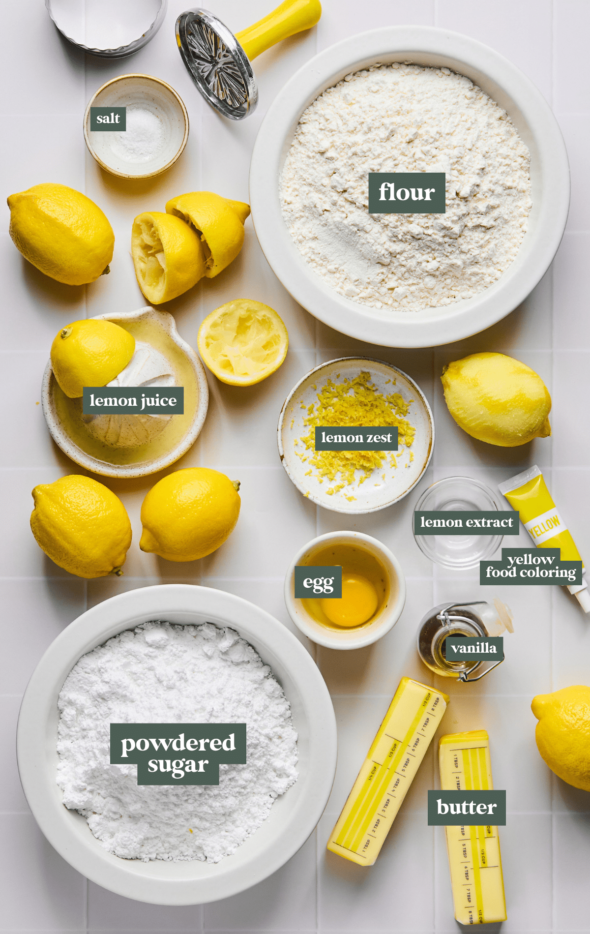 Labeled ingredients for copycat girl scout lemonade cookies.