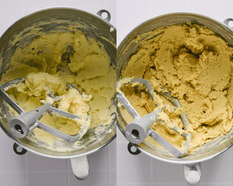 Side-by-side image showing creaming the butter then adding the rest of the ingredients to make cookie dough for copycat girl scout lemonade cookies.
