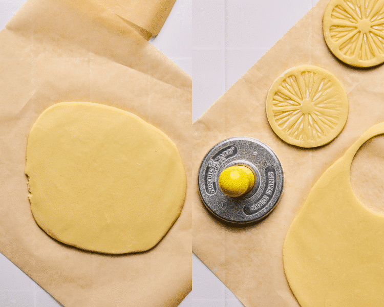 Side-by-side image showing rolling out the lemon cookie dough then cutting it out and stamping with lemon stamp.