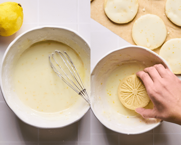 Side-by-side image of whisking together ingredients for lemon glaze for lemonade cookies then dunking the cooled baked cookies into the glaze before placing them on parchment paper to dry.