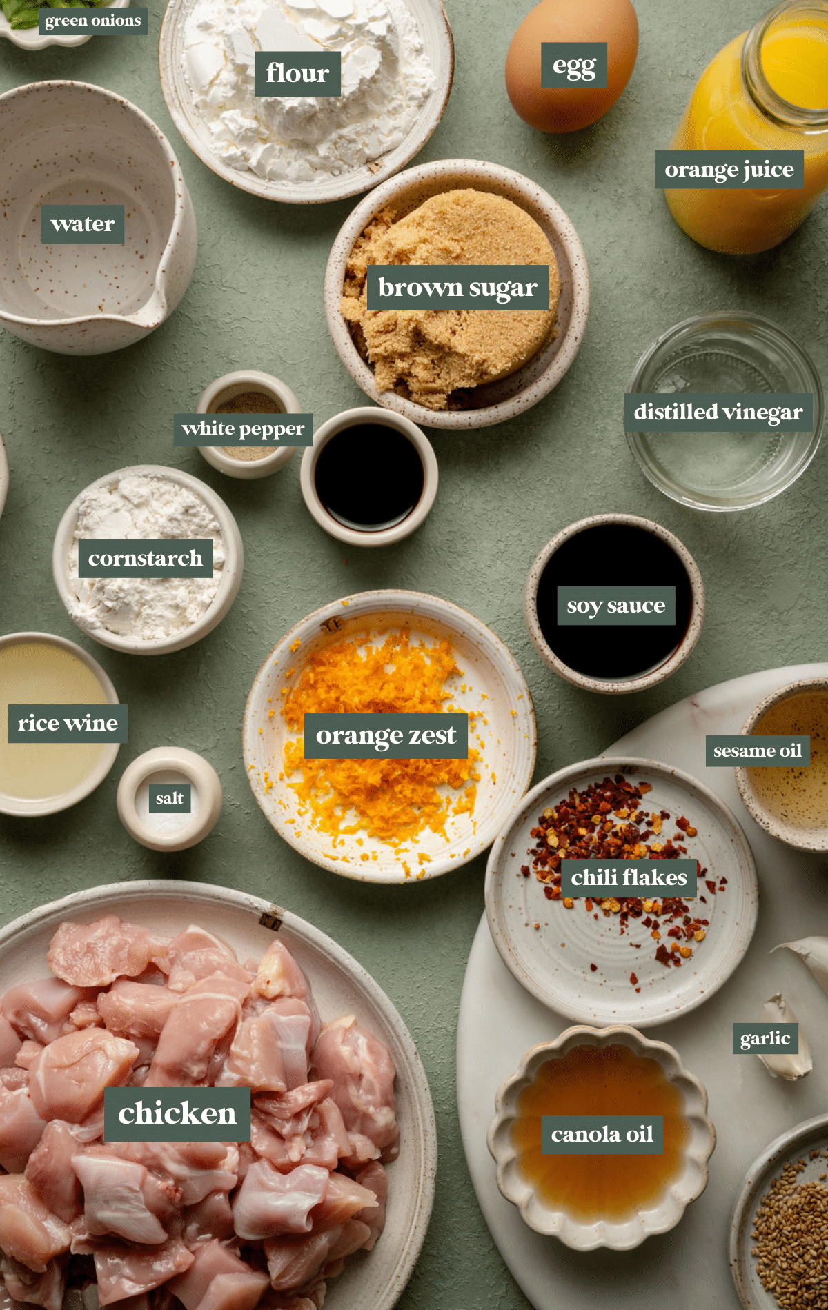 Labeled ingredients for panda express orange chicken recipe.