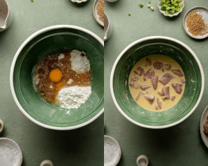 Side-by-side image of bowl with batter ingredients in it and then showing coating the chicken in the mixed batter ingredients in large green bowl.