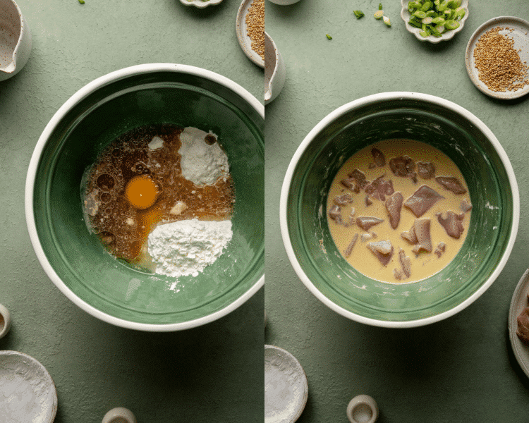 Side-by-side image of bowl with batter ingredients in it and then showing coating the chicken in the mixed batter ingredients in large green bowl.