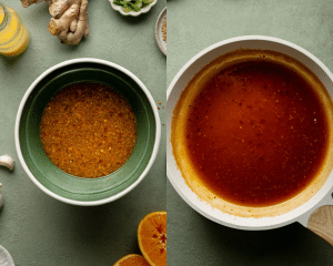 Side-by-side image showing mixing the orange sauce ingredients and letting it simmer in pot until it's thickened into sauce.