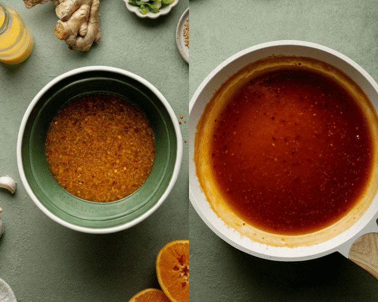 Side-by-side image showing mixing the orange sauce ingredients and letting it simmer in pot until it's thickened into sauce.