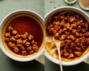 Side-by-side photo showing adding the cooked chicken thighs into the sauce and mixing them until they are fully coated.