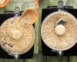 Side-by-side comparison of oats being ground in a food processor. Left: Whole rolled oats being added. Right: Coarsely ground oats after processing.