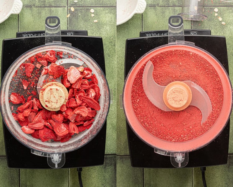 Side-by-side comparison of freeze-dried strawberries in a food processor. Left: Whole freeze-dried strawberries. Right: Ground into a fine red powder.