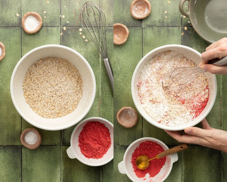 Two steps in mixing dry ingredients. Left: Ground oats in a mixing bowl. Right: Powdered strawberries and flour being whisked into the oats.