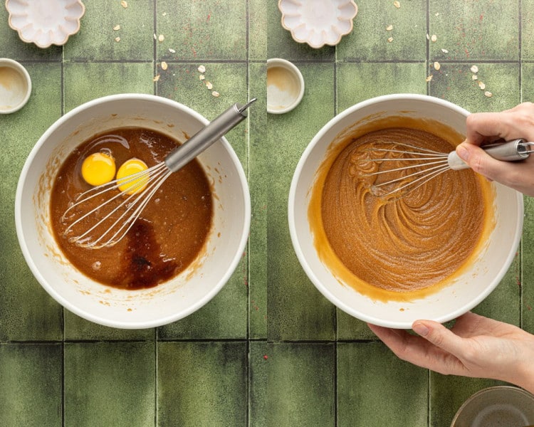 Two steps in wet ingredient prep. Left: Two eggs and vanilla added to sugar-butter mixture. Right: Everything whisked into a smooth batter.