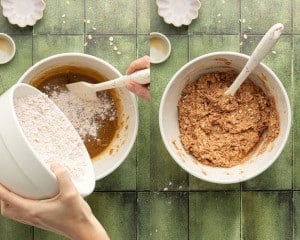 Combining wet and dry mixtures. Left: Pouring dry mix into wet. Right: Finished cookie dough with oats and strawberry powder fully incorporated.