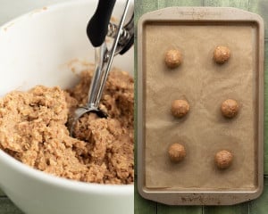 Cookie dough being scooped with a cookie scoop. Right: Dough balls arranged evenly on a parchment-lined baking sheet.