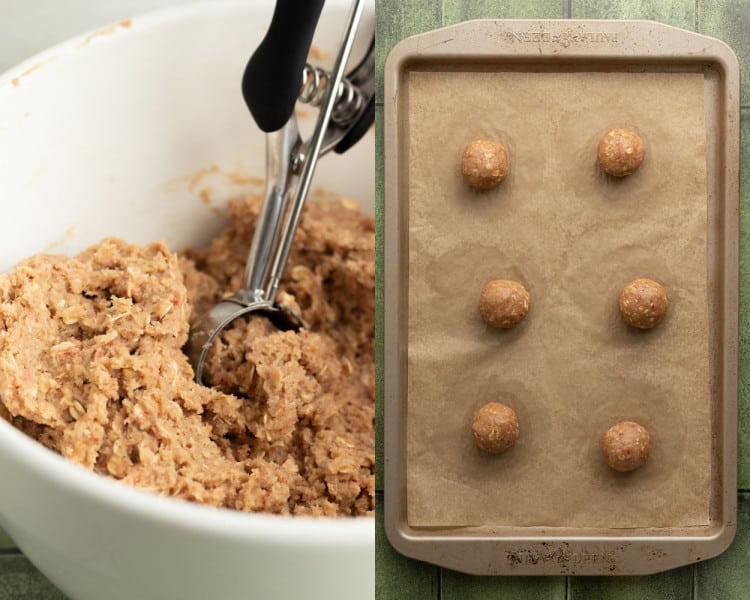 Cookie dough being scooped with a cookie scoop. Right: Dough balls arranged evenly on a parchment-lined baking sheet.