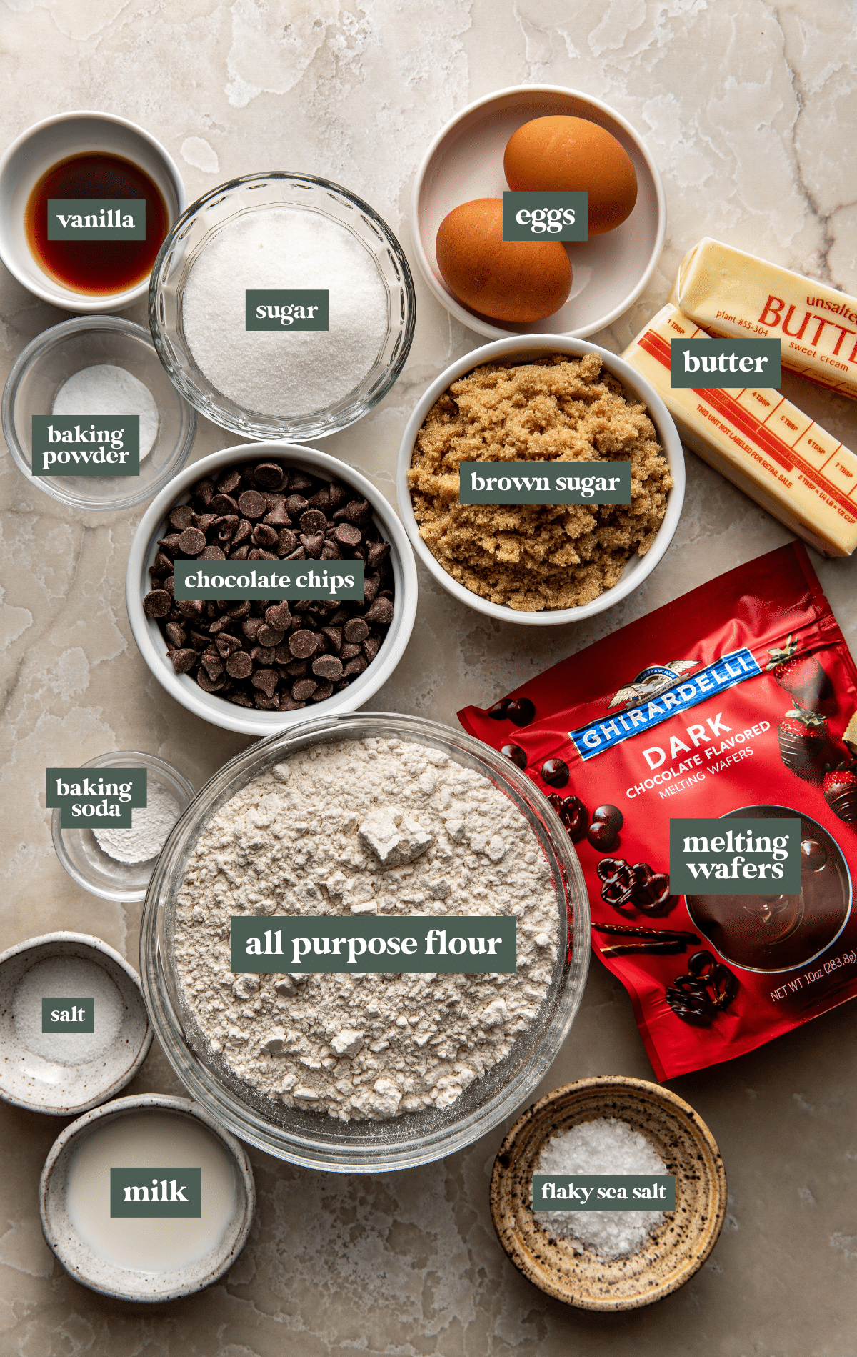 Labeled ingredients for chocolate dipped brown butter cookies.