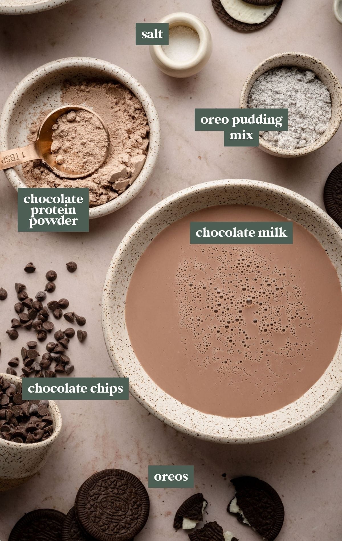 Overhead view of ingredients for chocolate Oreo protein ice cream laid out on a beige surface. Labeled items include chocolate protein powder in a bowl with a measuring spoon, a small bowl of salt, Oreo pudding mix in a speckled bowl, a large bowl of chocolate milk, a small bowl and scattered pile of chocolate chips, and several whole and broken Oreo cookies.