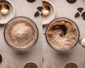 Side-by-side images of the Ninja Creami container. Left: dry ingredients sitting on top of the liquid base. Right: a milk frother blending the mixture, creating bubbles and a vortex.
