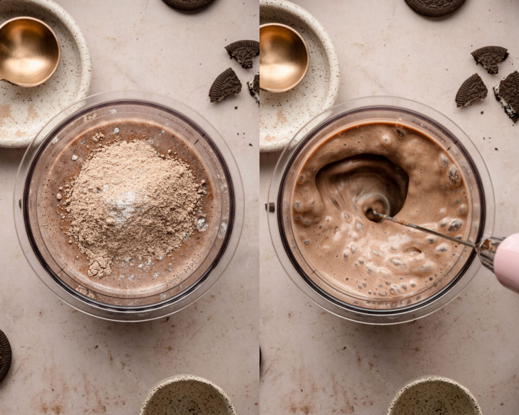 Side-by-side images of the Ninja Creami container. Left: dry ingredients sitting on top of the liquid base. Right: a milk frother blending the mixture, creating bubbles and a vortex.