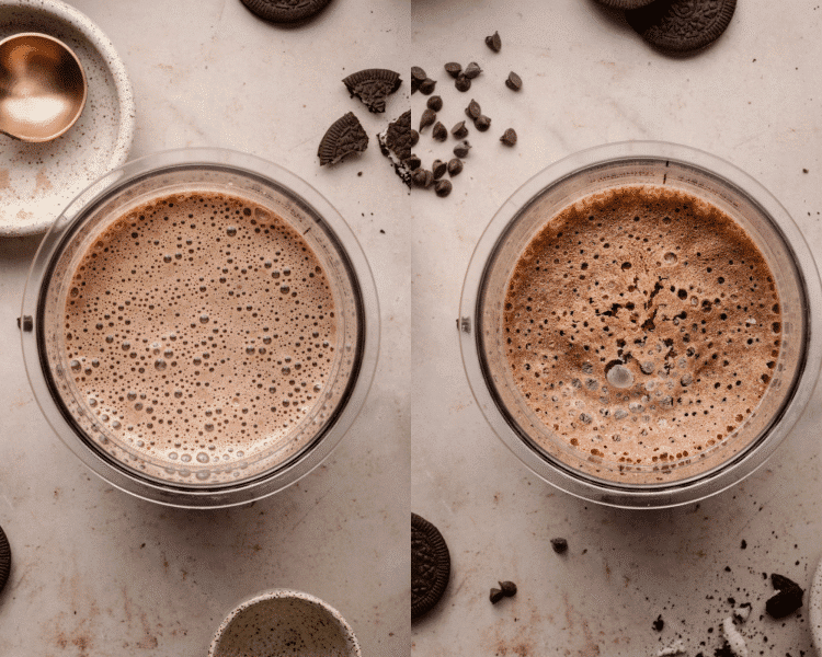 Two images of the blended chocolate base in a Ninja Creami container. Left: smooth and bubbly surface. Right: slightly more set mixture with visible bubbles and a chocolatey texture.