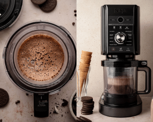 Left image shows the fully frozen chocolate mixture inside the Creami container, ready for processing. Right image shows the container locked into the Ninja Creami machine, surrounded by ice cream cones, Oreos, and chocolate chips.