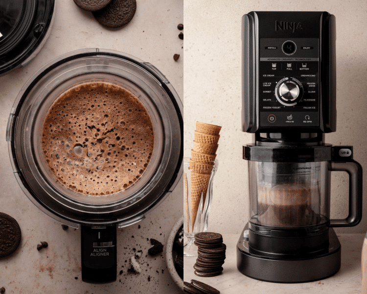 Left image shows the fully frozen chocolate mixture inside the Creami container, ready for processing. Right image shows the container locked into the Ninja Creami machine, surrounded by ice cream cones, Oreos, and chocolate chips.