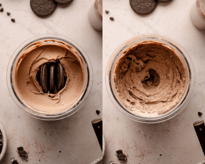 Two images of the Ninja Creami container post-spin. Left: smooth chocolate base with Oreos added in the center. Right: final mixed ice cream with Oreos swirled throughout.
