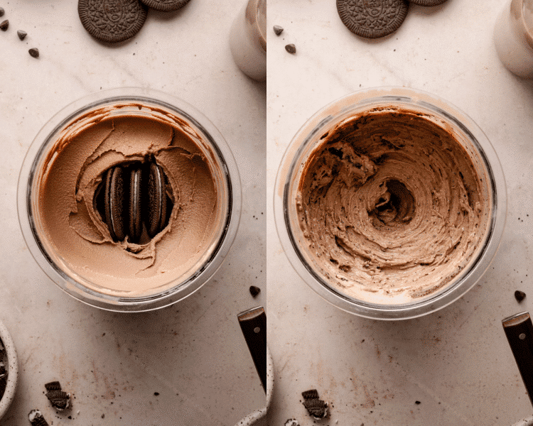 Two images of the Ninja Creami container post-spin. Left: smooth chocolate base with Oreos added in the center. Right: final mixed ice cream with Oreos swirled throughout.