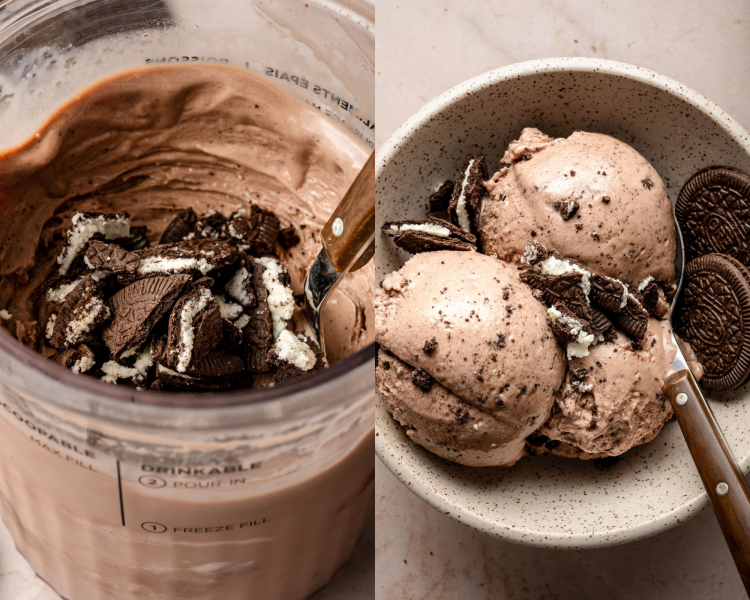 Left: close-up of thick chocolate Oreo protein ice cream inside the Creami container, topped with crushed Oreo pieces. Right: scoops of the finished ice cream in a speckled bowl, garnished with more Oreos and a spoon.