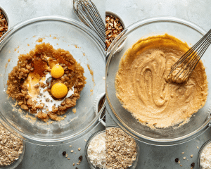 Side-by-side image of adding egg, vanilla and milk to sugars mixed with brown butter then mixing all the ingredients together with a whisk in glass mixing bowl.