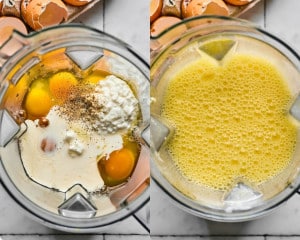 A side-by-side comparison of a blender filled with raw egg mixture. The left side shows whole eggs, cottage cheese, heavy cream, and black pepper. The right side shows the mixture fully blended into a smooth, yellow liquid.