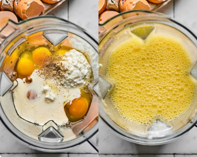 A side-by-side comparison of a blender filled with raw egg mixture. The left side shows whole eggs, cottage cheese, heavy cream, and black pepper. The right side shows the mixture fully blended into a smooth, yellow liquid.