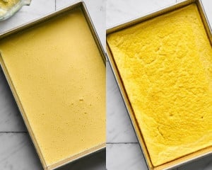 Two baking pans side by side. The left pan contains raw, blended egg mixture evenly spread in the pan. The right pan shows the same egg mixture after baking, now puffed up and cooked through with a golden yellow surface.