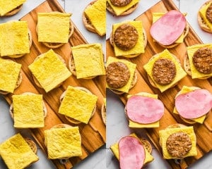 Two wooden boards topped with English muffin bottoms. The left shows square pieces of baked egg placed on each muffin. The right adds sausage patties and slices of Canadian bacon on top of the eggs.