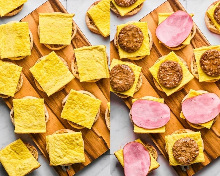 Two wooden boards topped with English muffin bottoms. The left shows square pieces of baked egg placed on each muffin. The right adds sausage patties and slices of Canadian bacon on top of the eggs.