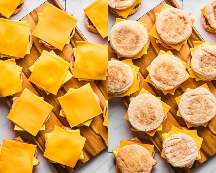 A progression of sandwich assembly. The left image shows square slices of cheddar cheese layered over the egg and meat on each muffin. The right image shows the completed breakfast sandwiches with the muffin tops placed on.