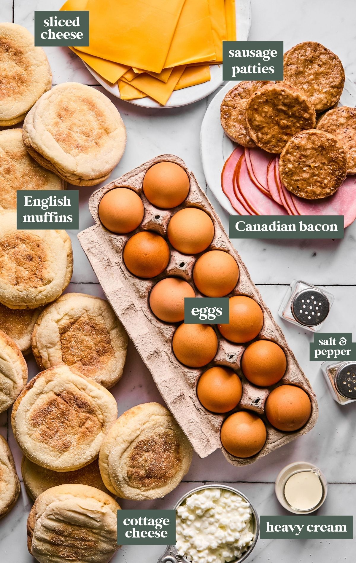 A flat lay image of ingredients for meal prep breakfast sandwiches, each labeled with text. Ingredients include a stack of sliced cheddar cheese, cooked sausage patties, slices of Canadian bacon, English muffins, a carton of eggs, salt and pepper shakers, a bowl of cottage cheese, and a small pitcher of heavy cream. The items are arranged neatly on a white marble surface.