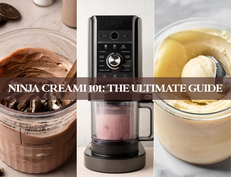 Cover image for Ninja Creami Guide with three images of ninja creamis and the title of the guide in the middle.
