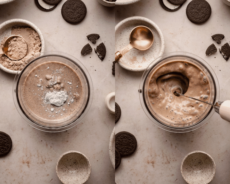Side- by-side image of adding ingredients to ninja creami pint container and blending together with electric frother.