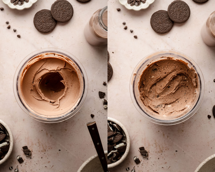 Side-by-side image of ninja creami after spinning in the creami machine and then after the final spin adding in the mix-ins.
