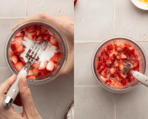 Side-by-side image of mashing strawberries with sugar.