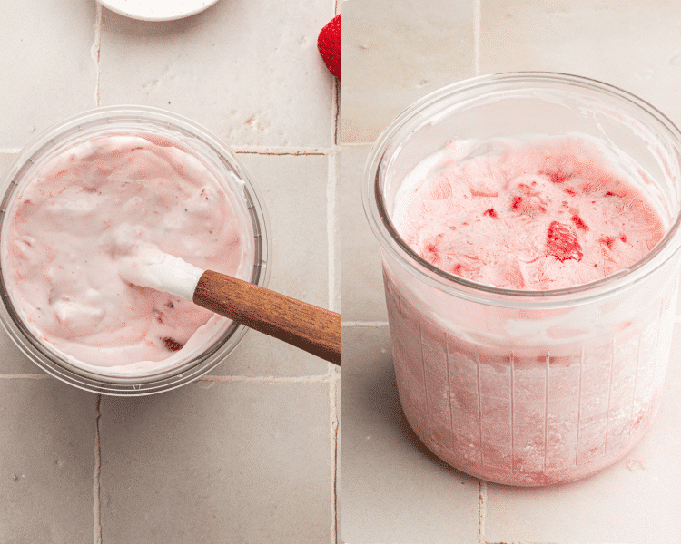 Side-by-side image of mixing all the ingredients together for frozen yogurt then freezing after 24 hours.