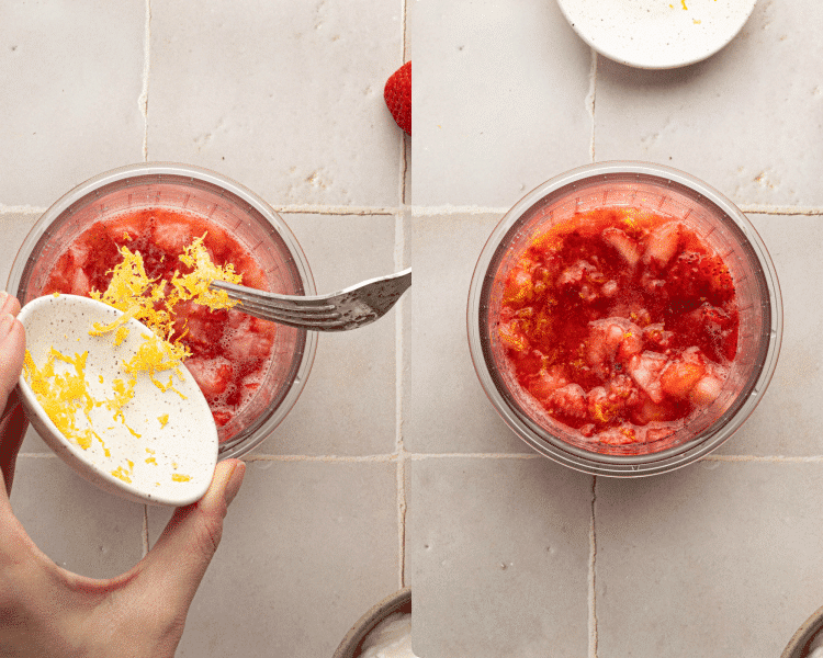 Side-by-side of adding lemon zest to the strawberries and sugar and mixing until combined.