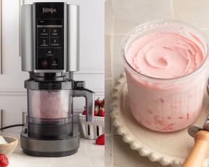Side-by-side image of spinning strawberry frozen yogurt in ninja creami then finished pint after re-spin.