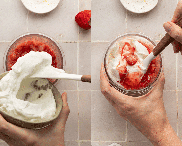 Side-by-side image of mixing greek yogurt into mashed strawberries, sugar and lemon zest.